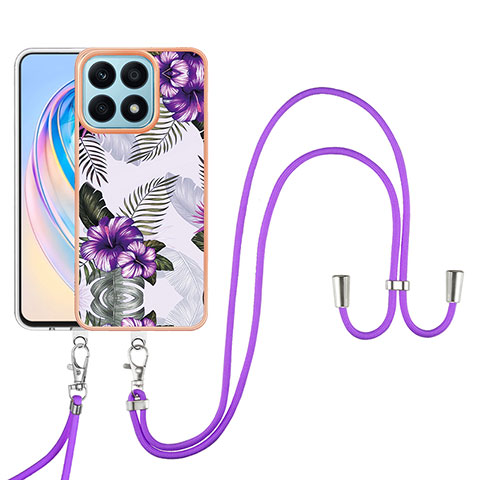 Custodia Silicone Gel Morbida Fantasia Modello Cover con Cinghia Cordino Mano Y03B per Huawei Honor X8a 4G Viola