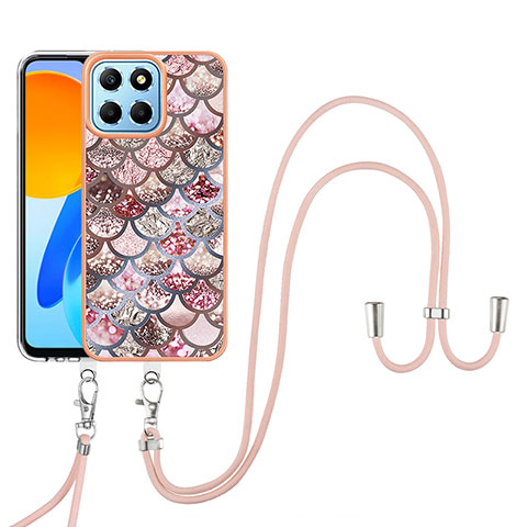 Custodia Silicone Gel Morbida Fantasia Modello Cover con Cinghia Cordino Mano Y03B per Huawei Honor X8a 5G Marrone