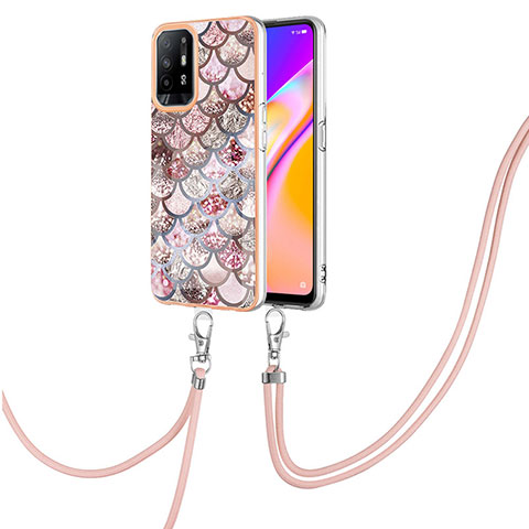 Custodia Silicone Gel Morbida Fantasia Modello Cover con Cinghia Cordino Mano Y03B per Oppo F19 Pro+ Plus 5G Marrone