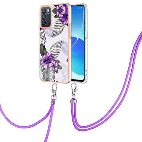 Custodia Silicone Gel Morbida Fantasia Modello Cover con Cinghia Cordino Mano Y03B per Oppo Reno6 5G Viola