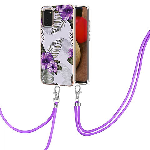 Custodia Silicone Gel Morbida Fantasia Modello Cover con Cinghia Cordino Mano Y03B per Samsung Galaxy A03s Viola