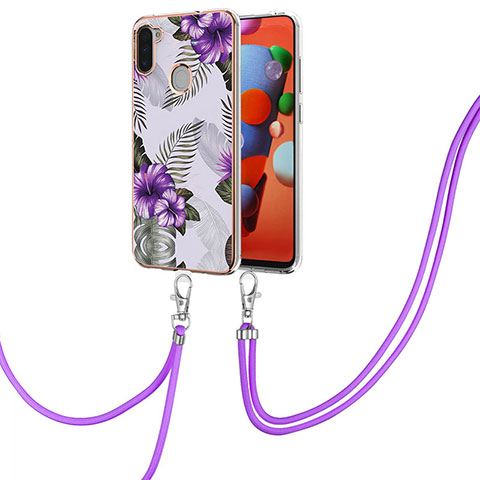 Custodia Silicone Gel Morbida Fantasia Modello Cover con Cinghia Cordino Mano Y03B per Samsung Galaxy A11 Viola