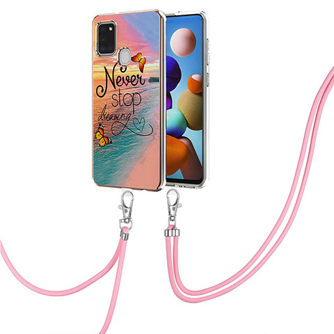 Custodia Silicone Gel Morbida Fantasia Modello Cover con Cinghia Cordino Mano Y03B per Samsung Galaxy A21s Multicolore