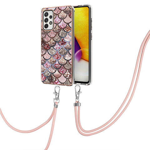 Custodia Silicone Gel Morbida Fantasia Modello Cover con Cinghia Cordino Mano Y03B per Samsung Galaxy A72 4G Marrone