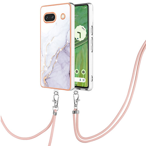 Custodia Silicone Gel Morbida Fantasia Modello Cover con Cinghia Cordino Mano Y05B per Google Pixel 7a 5G Bianco