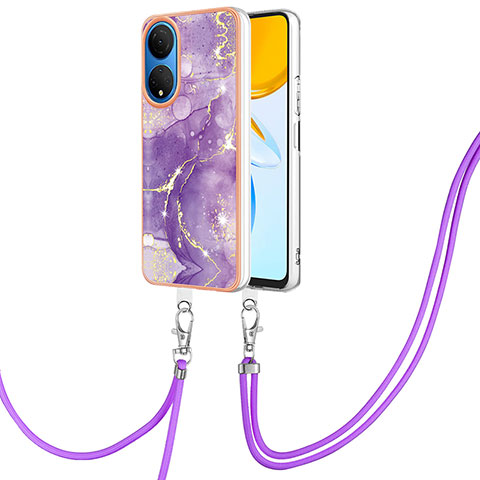 Custodia Silicone Gel Morbida Fantasia Modello Cover con Cinghia Cordino Mano Y05B per Huawei Honor X7 Viola