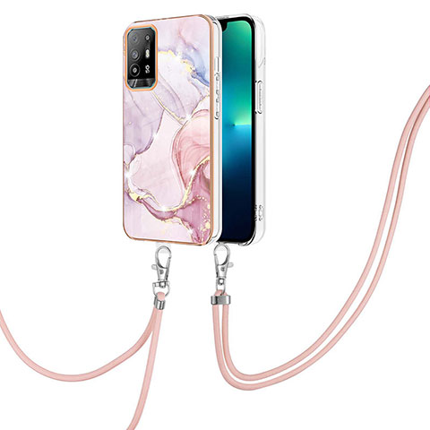 Custodia Silicone Gel Morbida Fantasia Modello Cover con Cinghia Cordino Mano Y05B per Oppo Reno5 Z 5G Rosa