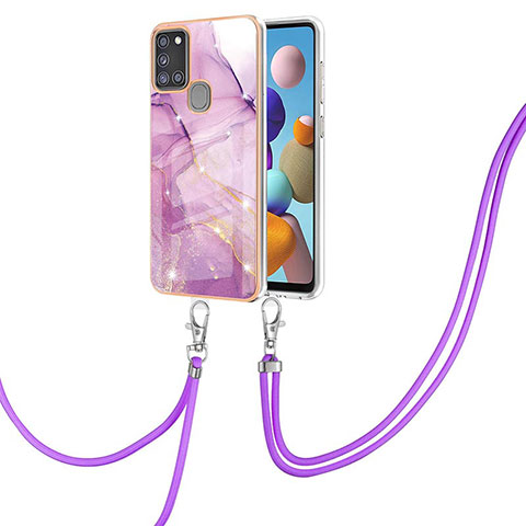 Custodia Silicone Gel Morbida Fantasia Modello Cover con Cinghia Cordino Mano Y05B per Samsung Galaxy A21s Lavanda