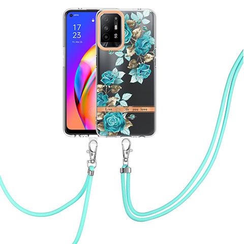 Custodia Silicone Gel Morbida Fantasia Modello Cover con Cinghia Cordino Mano Y06B per Oppo F19 Pro+ Plus 5G Ciano