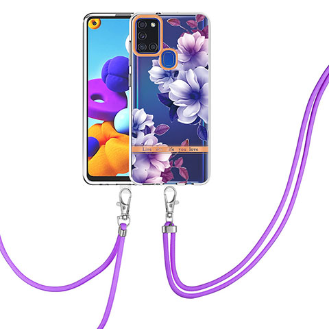 Custodia Silicone Gel Morbida Fantasia Modello Cover con Cinghia Cordino Mano Y06B per Samsung Galaxy A21s Viola