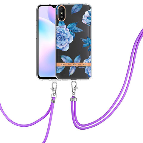 Custodia Silicone Gel Morbida Fantasia Modello Cover con Cinghia Cordino Mano Y06B per Xiaomi Redmi 9AT Blu