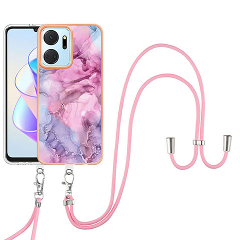 Custodia Silicone Gel Morbida Fantasia Modello Cover con Cinghia Cordino Mano Y07B per Huawei Honor X7a Lavanda