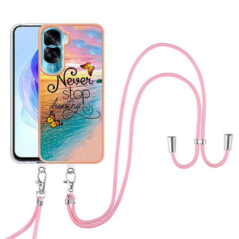 Custodia Silicone Gel Morbida Fantasia Modello Cover con Cinghia Cordino Mano YB3 per Huawei Honor 90 Lite 5G Multicolore