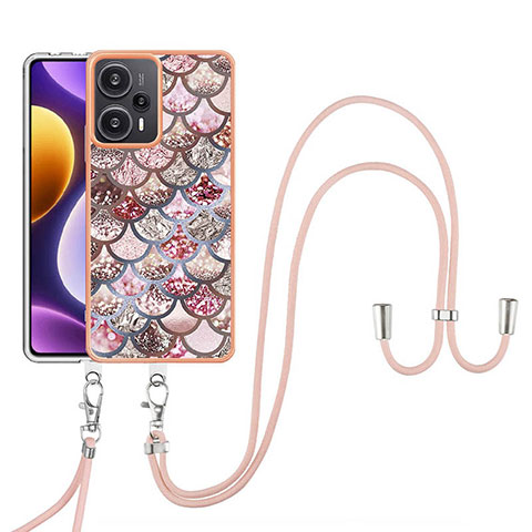 Custodia Silicone Gel Morbida Fantasia Modello Cover con Cinghia Cordino Mano YB3 per Xiaomi Redmi Note 12 Turbo 5G Marrone