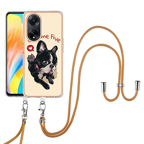 Custodia Silicone Gel Morbida Fantasia Modello Cover con Cinghia Cordino Mano YB8 per Oppo A98 5G Khaki