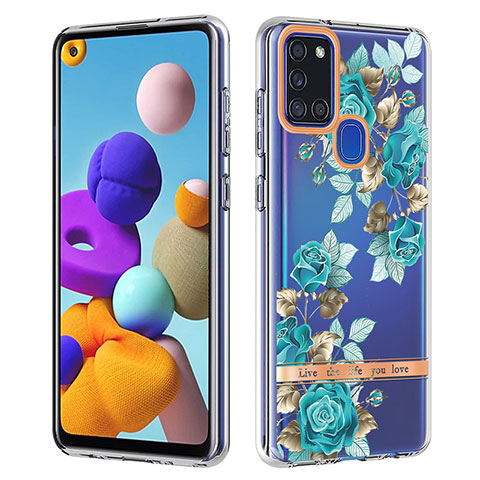 Custodia Silicone Gel Morbida Fantasia Modello Cover Y06B per Samsung Galaxy A21s Ciano