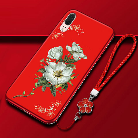 Custodia Silicone Gel Morbida Fiori Cover K03 per Huawei P20 Rosso