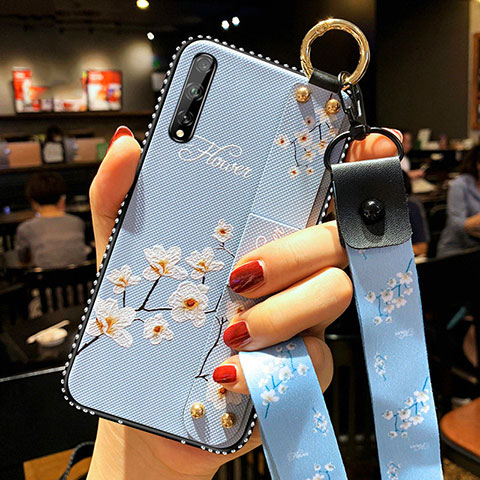 Custodia Silicone Gel Morbida Fiori Cover per Huawei Y8p Cielo Blu