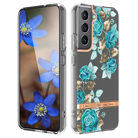 Custodia Silicone Gel Morbida Fiori Cover per Samsung Galaxy S21 5G Ciano