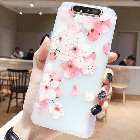 Custodia Silicone Gel Morbida Fiori Cover S04 per Samsung Galaxy A90 4G Rosa Caldo