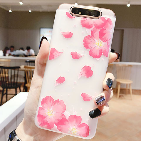 Custodia Silicone Gel Morbida Fiori Cover S05 per Samsung Galaxy A80 Rosa