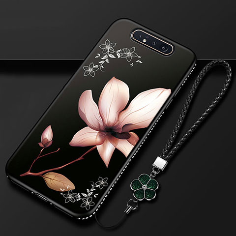 Custodia Silicone Gel Morbida Fiori Cover S06 per Samsung Galaxy A80 Marrone