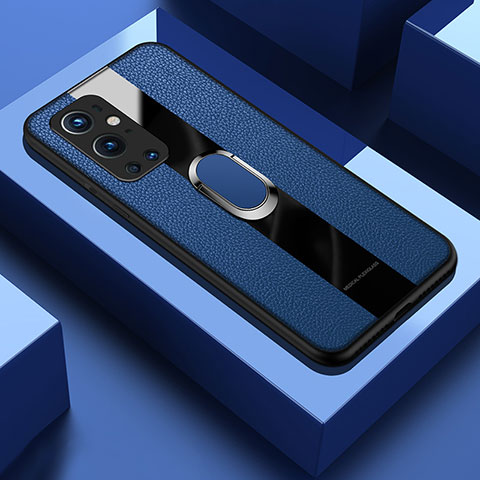 Custodia Silicone Morbida In Pelle Cover con Magnetico Anello Supporto PB1 per OnePlus 9 Pro 5G Blu