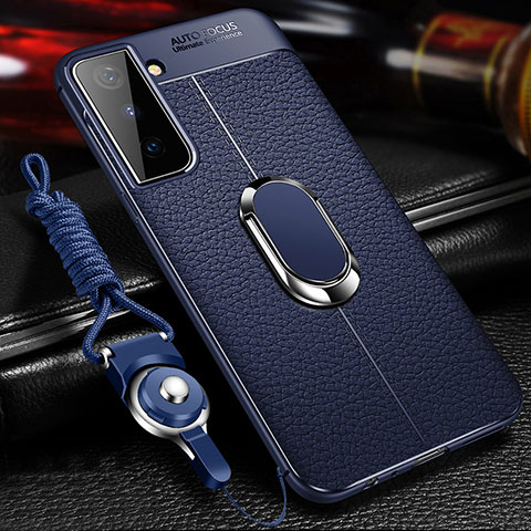 Custodia Silicone Morbida In Pelle Cover con Magnetico Anello Supporto per Samsung Galaxy S21 FE 5G Blu