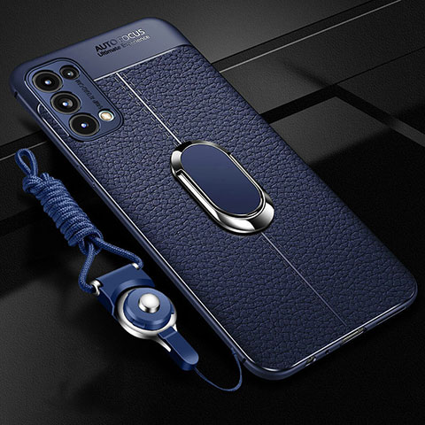 Custodia Silicone Morbida In Pelle Cover con Magnetico Anello Supporto S02 per Oppo Reno5 Pro 5G Blu