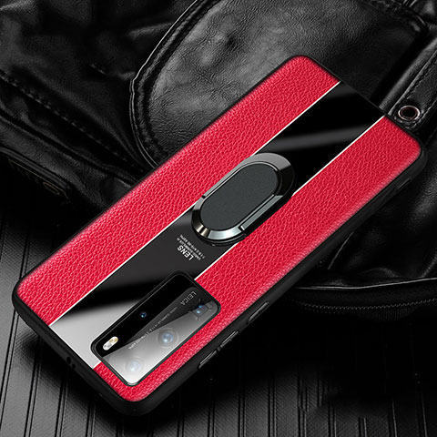 Custodia Silicone Morbida In Pelle Cover con Magnetico Anello Supporto S04 per Huawei P40 Pro Rosso