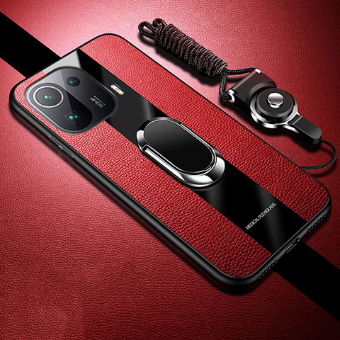 Custodia Silicone Morbida In Pelle Cover con Magnetico Anello Supporto S05 per Xiaomi Mi 11 Pro 5G Rosso