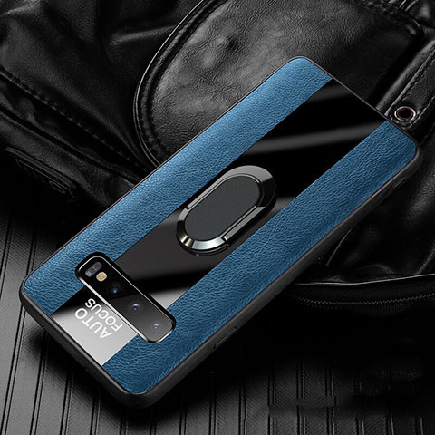 Custodia Silicone Morbida In Pelle Cover con Magnetico Anello Supporto T01 per Samsung Galaxy S10 Blu