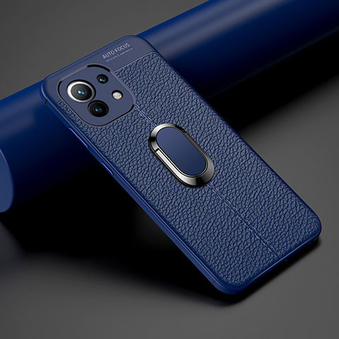 Custodia Silicone Morbida In Pelle Cover con Magnetico Anello Supporto T01 per Xiaomi Mi 11 5G Blu