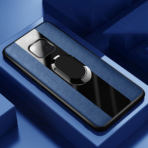 Custodia Silicone Morbida In Pelle Cover con Magnetico Anello Supporto T02 per Huawei Mate 20 Pro Blu