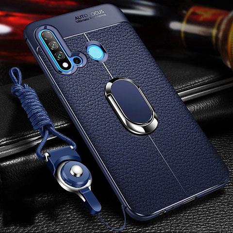 Custodia Silicone Morbida In Pelle Cover con Magnetico Anello Supporto T02 per Huawei P20 Lite (2019) Blu