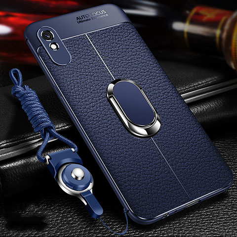 Custodia Silicone Morbida In Pelle Cover con Magnetico Anello Supporto T02 per Xiaomi Redmi 9A Blu