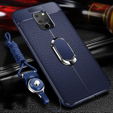 Custodia Silicone Morbida In Pelle Cover con Magnetico Anello Supporto T04 per Huawei Mate 20 Blu