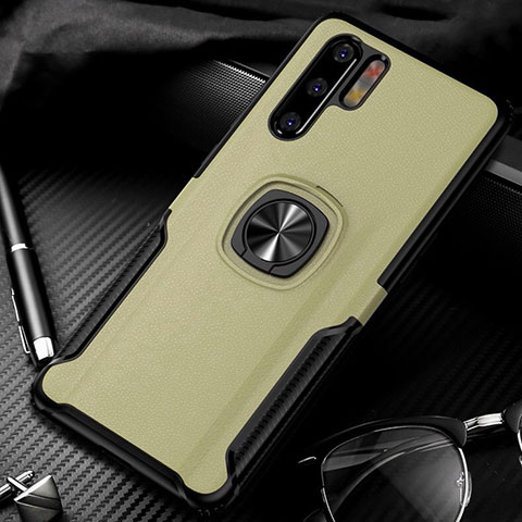 Custodia Silicone Morbida In Pelle Cover con Magnetico Anello Supporto T05 per Huawei P30 Pro New Edition Oro