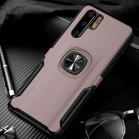 Custodia Silicone Morbida In Pelle Cover con Magnetico Anello Supporto T05 per Huawei P30 Pro New Edition Oro Rosa