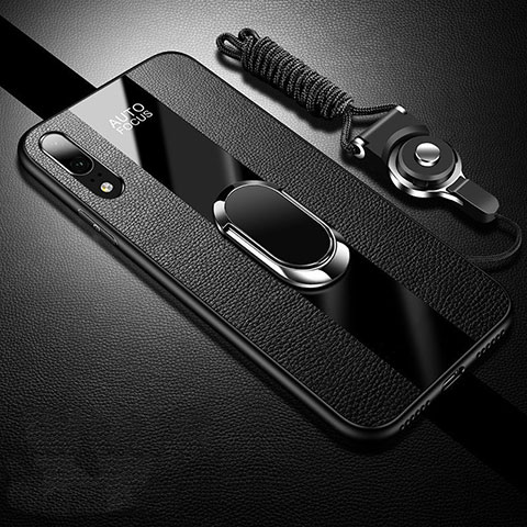 Custodia Silicone Morbida In Pelle Cover con Magnetico Anello Supporto T06 per Huawei P20 Nero