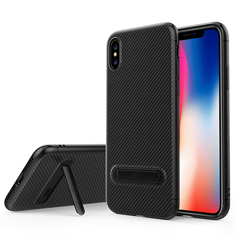 Custodia Silicone Morbida Spigato con Supporto per Apple iPhone X Nero