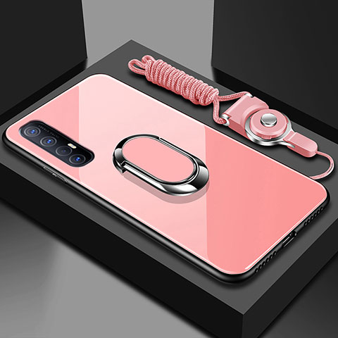 Custodia Silicone Specchio Laterale Cover con Magnetico Anello Supporto A02 per Oppo Reno3 Pro Rosa