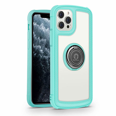 Custodia Silicone Specchio Laterale Cover con Magnetico Anello Supporto N01 per Apple iPhone 12 Pro Max Ciano