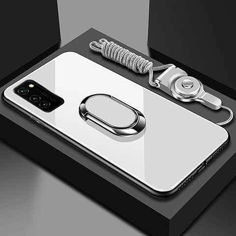 Custodia Silicone Specchio Laterale Cover con Magnetico Anello Supporto per Huawei Honor V30 Pro 5G Bianco