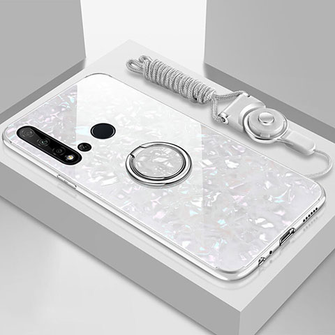 Custodia Silicone Specchio Laterale Cover con Magnetico Anello Supporto T02 per Huawei P20 Lite (2019) Bianco