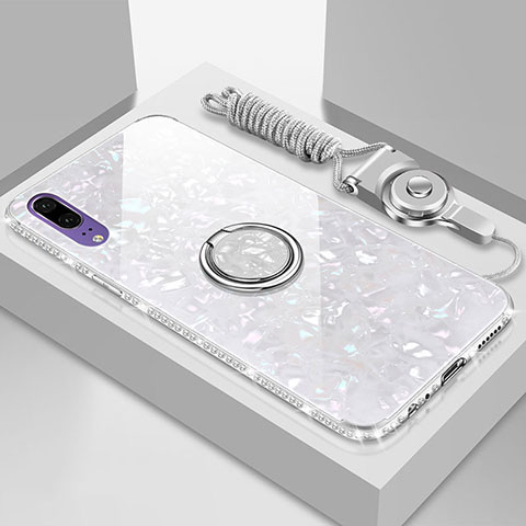 Custodia Silicone Specchio Laterale Cover con Magnetico Anello Supporto T03 per Huawei P20 Bianco