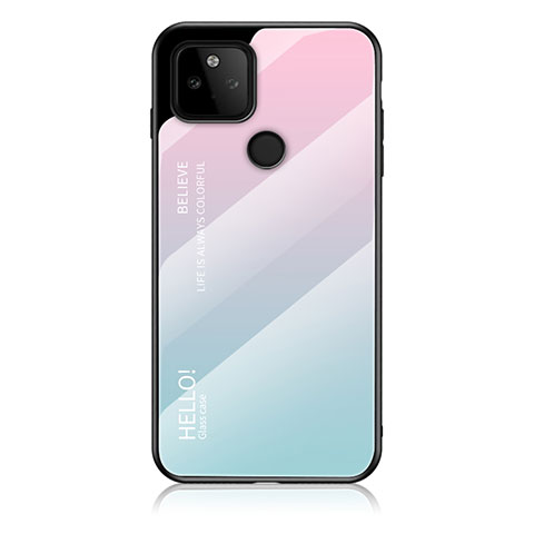 Custodia Silicone Specchio Laterale Sfumato Arcobaleno Cover LS1 per Google Pixel 5a 5G Ciano