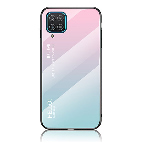 Custodia Silicone Specchio Laterale Sfumato Arcobaleno Cover LS1 per Samsung Galaxy A12 5G Ciano