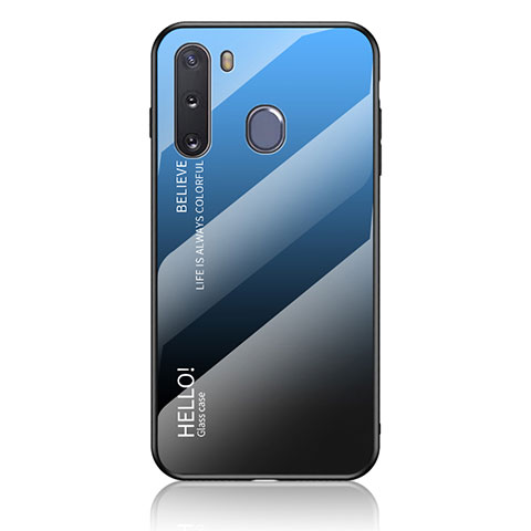 Custodia Silicone Specchio Laterale Sfumato Arcobaleno Cover LS1 per Samsung Galaxy A21 European Blu
