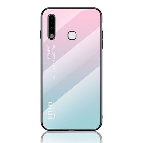 Custodia Silicone Specchio Laterale Sfumato Arcobaleno Cover LS1 per Samsung Galaxy A70E Ciano